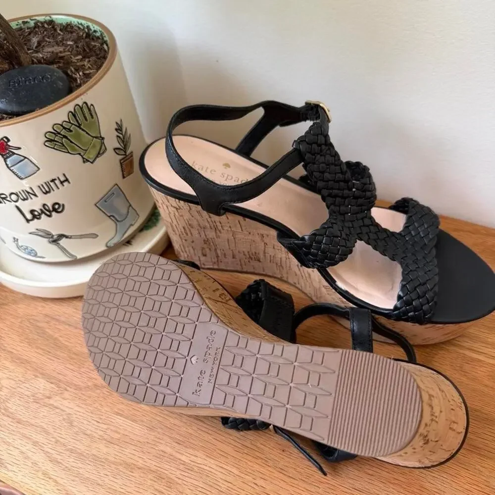Kate Spade Black Woven Leather Cork Wedge Sandals Size 7